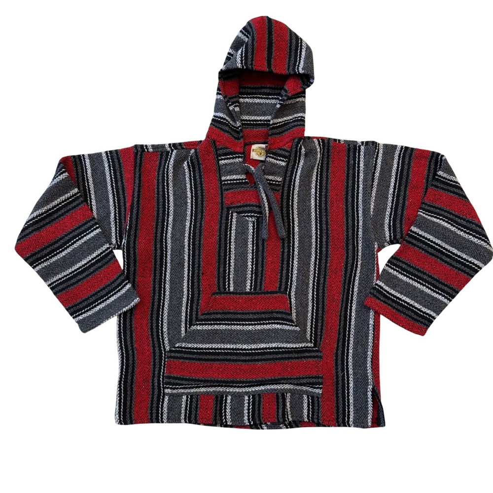 Earth Ragz Vintage Mens Baja Hoodie Red Black Striped Mexican Poncho Pullover XL